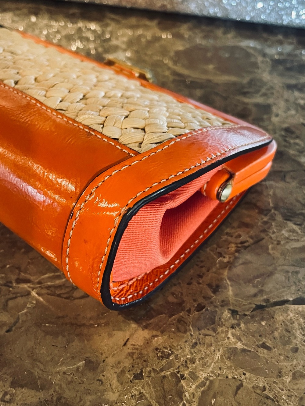 COACH Vintage Orange Straw Leather Minaudière Clutch WITH Motif Chain Bag Charm - Picture 10 of 17